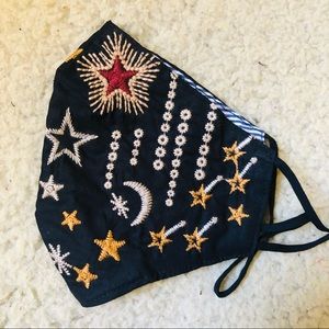 Johnny Was embroidered face mask black with shooting stars and moons. New!